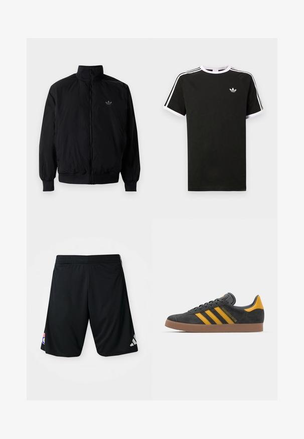 Čierna zips kombinéza s vysokým golierom, vyrobená z ľahkého materiálu. Obsahuje elastické manžety a pás, s malým logom na hornej ľavej strane.; Čierne tričko vyrobené z bavlny s bielymi akcentmi. Má krátke rukávy, raglánový strih a malé logo na hrudi. Tri biele pruhy na pleciach.; Čierne atletické šortky vyrobené z hladkej, ľahkej tkaniny. Obsahujú elastický pás, logo Adidas v sivej farbe a nášivku na boku.; Čierne semišové tenisky so žltými akcentmi, ktoré majú tri pruhy a hnedú gumovú podrážku. Obsahujú vypolstrovaný jazyk pre pohodlie.