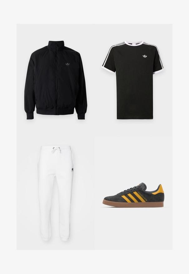 Black zipped jacket with high collar, made of lightweight material. Features elastic cuffs and waistband, with a small logo on the upper left.; Black t-shirt made of cotton with white accents. Features short sleeves, raglan design, and a small logo on the chest. Three white stripes on shoulders.; White sweatpants made of cotton blend, featuring elastic waistband with drawstring, side pockets, and ribbed cuffs with a logo accent.; Black suede sneaker with yellow accents, featuring three stripes and a brown rubber sole. Includes a padded tongue for comfort.