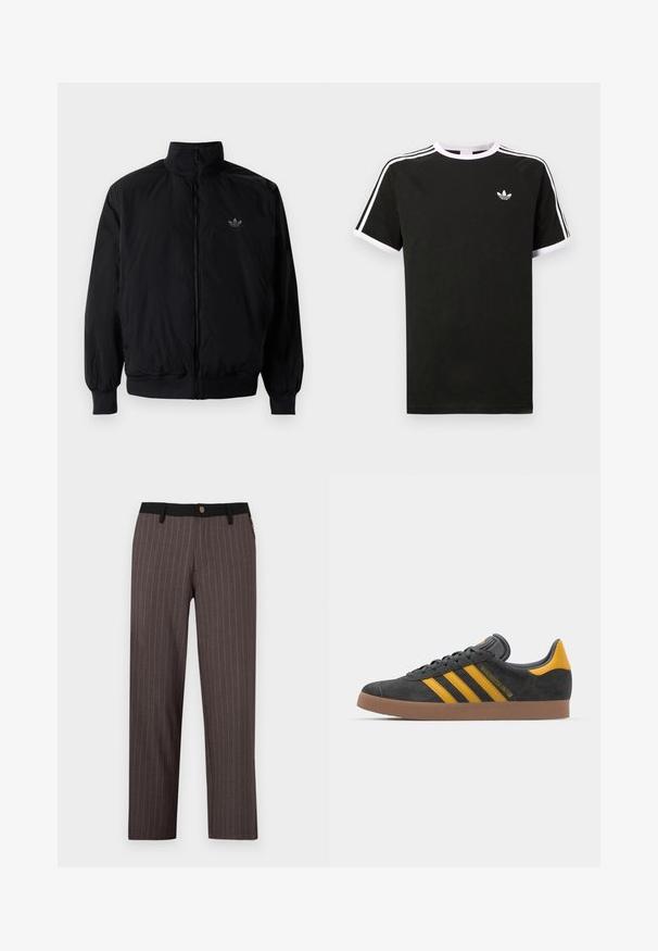Black zipped jacket with high collar, made of lightweight material. Features elastic cuffs and waistband, with a small logo on the upper left.; Black t-shirt made of cotton with white accents. Features short sleeves, raglan design, and a small logo on the chest. Three white stripes on shoulders.; Dark gray trousers with vertical white stripes, featuring a black waistband and button closure. Straight-leg design, smooth texture.; Black suede sneaker with yellow accents, featuring three stripes and a brown rubber sole. Includes a padded tongue for comfort.