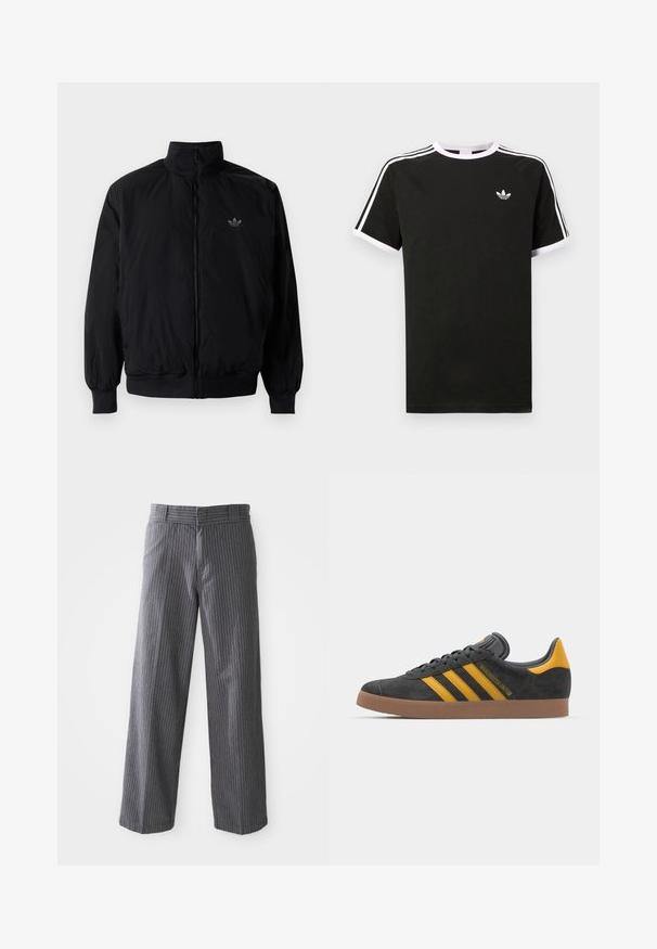 Giacca nera con zip e colletto alto, realizzata in materiale leggero. Presenta polsini e vita elastici, con un piccolo logo in alto a sinistra.; T-shirt nera in cotone con dettagli bianchi. Presenta maniche corte, design raglan e un piccolo logo sul petto. Tre strisce bianche sulle spalle.; Pantaloni ampi a righe grigie con passanti per cintura, frontale liscio e orli dritti, mostrati su uno sfondo bianco.; Sneaker in suede nero con dettagli gialli, dotato di tre strisce e una suola in gomma marrone. Include una linguetta imbottita per il comfort.