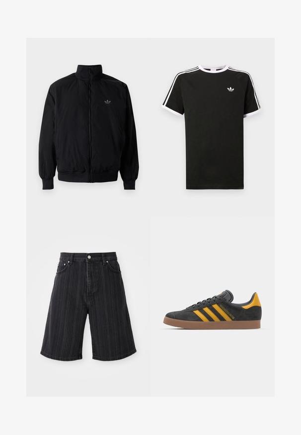 Czarna kurtka zapinana na zamek z wysokim kołnierzem, wykonana z lekkiego materiału. Posiada elastyczne mankiety i pas, oraz małe logo na górnej lewej stronie.; Czarny t-shirt wykonany z bawełny z białymi akcentami. Posiada krótkie rękawy, fason raglanowy oraz małe logo na klatce piersiowej. Trzy białe paski na ramionach.; Czarne szorty dżinsowe z szerokimi nogawkami, z pionowymi paskami, kieszeniami z przodu i metalowymi detalami.; Czarne zamszowe sneakersy z żółtymi akcentami, z trzema paskami i brązową gumową podeszwą. Posiadają wyściełany język dla większego komfortu.