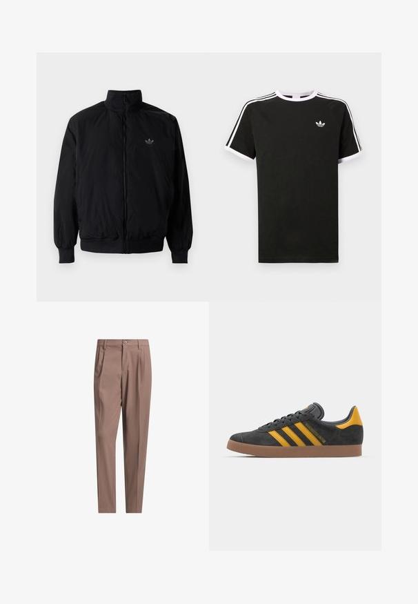 Černá zipová bunda s vysokým límcem, vyrobená z lehkého materiálu. Má elastické manžety a pas, s malým logem na horní levé straně.; Černé tričko vyrobené z bavlny s bílými akcenty. Má krátké rukávy, raglánový střih a malé logo na hrudi. Tři bílé pruhy na ramenou.; adidas Golf Originals F PLEAT - Kalhoty - trace brown; Černé semišové tenisky se žlutými akcenty, vybavené třemi pruhy a hnědou gumovou podrážkou. Obsahují polstrovaný jazyk pro pohodlí.