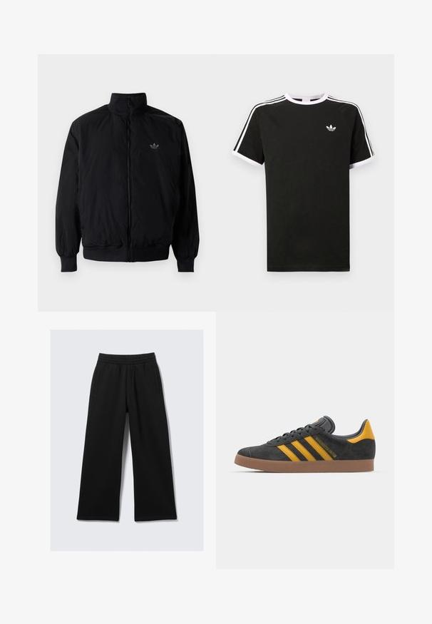 Black zipped jacket with high collar, made of lightweight material. Features elastic cuffs and waistband, with a small logo on the upper left.; Black t-shirt made of cotton with white accents. Features short sleeves, raglan design, and a small logo on the chest. Three white stripes on shoulders.; Black wide-leg pants made of soft fabric, featuring an elastic waistband and two side pockets. Smooth texture, neutral design without patterns.; Black suede sneaker with yellow accents, featuring three stripes and a brown rubber sole. Includes a padded tongue for comfort.