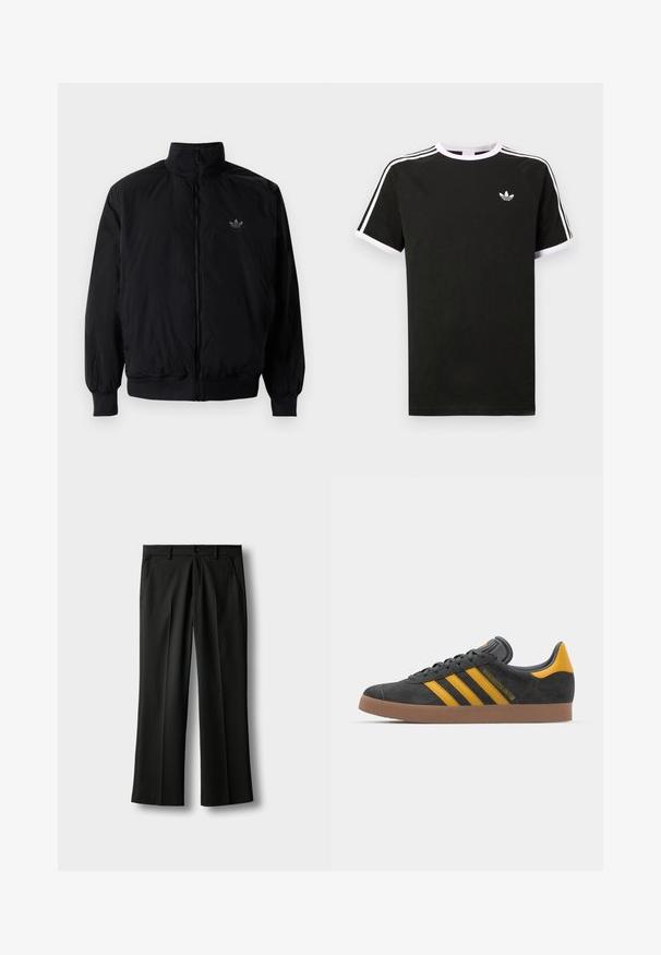 Černá zipová bunda s vysokým límcem, vyrobená z lehkého materiálu. Má elastické manžety a pas, s malým logem na horní levé straně.; Černé tričko vyrobené z bavlny s bílými akcenty. Má krátké rukávy, raglánový střih a malé logo na hrudi. Tři bílé pruhy na ramenou.; Černé kalhoty na míru s poutky na pásek, předním zapínáním na knoflík a zipem, bočními kapsami a záhyby podél nohavic na světlém pozadí.; Černé semišové tenisky se žlutými akcenty, vybavené třemi pruhy a hnědou gumovou podrážkou. Obsahují polstrovaný jazyk pro pohodlí.