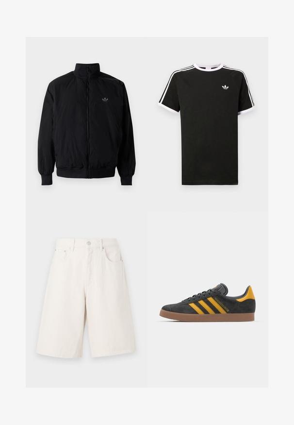 Black zipped jacket with high collar, made of lightweight material. Features elastic cuffs and waistband, with a small logo on the upper left.; Black t-shirt made of cotton with white accents. Features short sleeves, raglan design, and a small logo on the chest. Three white stripes on shoulders.; Light beige denim shorts with a loose fit, featuring two front pockets, a zip fly, and a metal button closure.; Black suede sneaker with yellow accents, featuring three stripes and a brown rubber sole. Includes a padded tongue for comfort.
