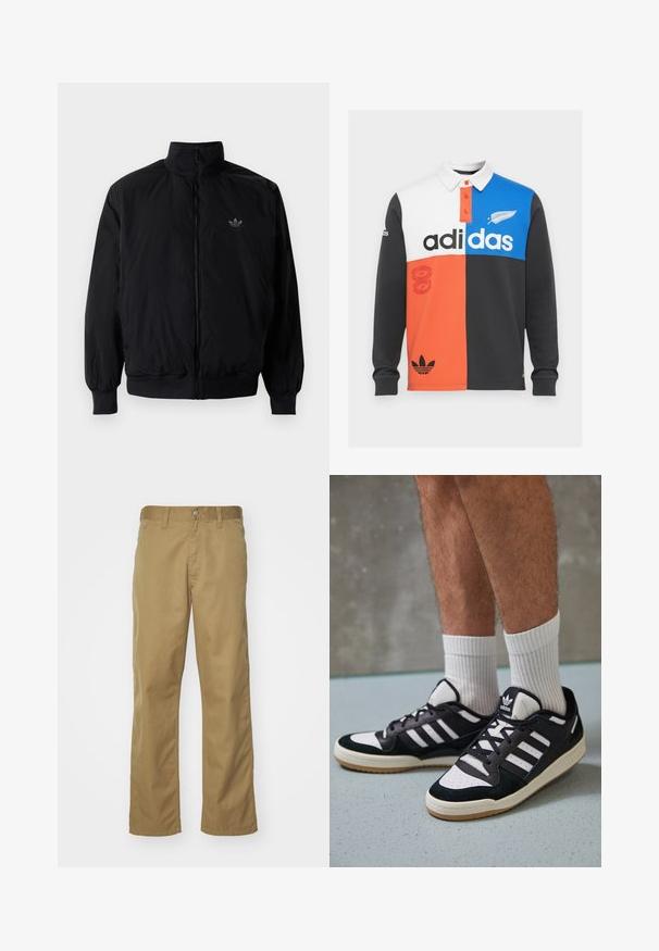Black zipped jacket with high collar, made of lightweight material. Features elastic cuffs and waistband, with a small logo on the upper left.; Color-blocked long-sleeve polo shirt in black, white, orange, and blue, with a collar, button placket, and prominent Adidas branding.; Khaki chinos with a straight leg design, made of smooth cotton fabric. Features a front button closure and side pockets.; Black and white sneakers with a suede and leather upper, featuring three white stripes, a perforated toe, and a gum rubber sole.