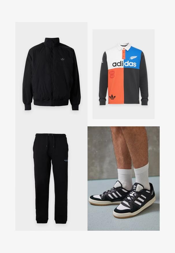 Crna jakna na zip s visokim ovratnikom, izrađena od laganog materijala. Ima elastične manžete i pojas, s malim logotipom na gornjem lijevom dijelu.; Majica s dugim rukavima u boji koja kombinira crnu, bijelu, narančastu i plavu, s ovratnikom, gumbima i istaknutim Adidas logotipom.; Crne trenirke s elastičnom gumom u struku i vezicom, sa bočnim džepovima i malim isprintanim logom na lijevom bedru. Mekani materijal.; Crne i bijele tenisice s gornjim dijelom od antilopa i kože, s tri bijele pruge, perforiranim prstom i gumiranim potplatom.