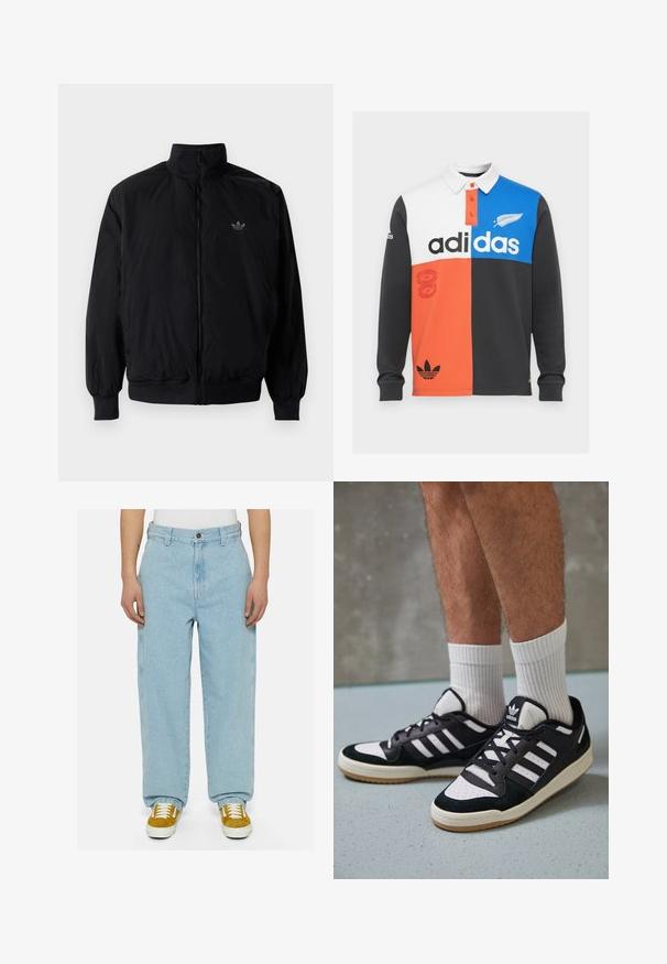 Chaqueta negra con cremallera y cuello alto, hecha de material ligero. Cuenta con puños y cinturilla elásticos, y un pequeño logo en la parte superior izquierda.; Polo de manga larga con bloques de color en negro, blanco, naranja y azul, con cuello, tapa de botones y una destacada marca de Adidas.; Vaqueros de mezclilla azul claro con un corte holgado, tiro alto y costuras en contraste. Combinados con zapatillas amarillas y blancas.; Zapatillas en blanco y negro con parte superior de ante y cuero, que presentan tres franjas blancas, una puntera perforada y una suela de goma.