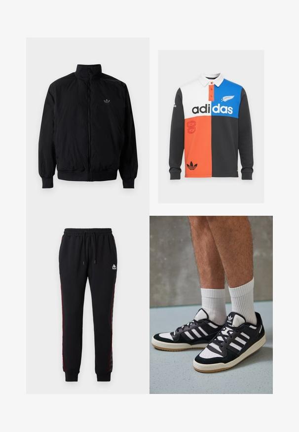 Schwarze Jacke mit Reißverschluss und hohem Kragen, aus leichtem Material gefertigt. Verfügt über elastische Bündchen und einen elastischen Saum, mit einem kleinen Logo oben links.; Langärmliges Polohemd mit Farbblockierung in Schwarz, Weiß, Orange und Blau, mit Kragen, Knopfleiste und auffälligem Adidas-Logo.; Schwarze Jogginghose mit elastischem Bund, roten Seitenstreifen und Kappa-Logo. Hergestellt aus glattem Stoff, mit gerippten Bündchen und einem lockeren Schnitt.; Schwarz-weiße Sneaker mit einem Obermaterial aus Wildleder und Leder, ausgestattet mit drei weißen Streifen, einer perforierten Zehenpartie und einer Sohle aus Gummi.