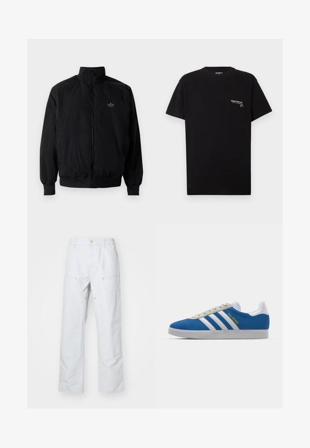 Black zipped jacket with high collar, made of lightweight material. Features elastic cuffs and waistband, with a small logo on the upper left.; Black cotton T-shirt with short sleeves, round neckline, and a small white logo printed on the left chest area.; Light gray wide-leg pants made from cotton blend fabric. Features two front pockets, visible seams, and gold-tone button accents.; adidas Originals ADIDAS GAZELLE SHOES - Indoor football boots - real madrid/bluebird/footwear white/crew yellow