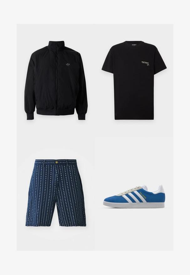 Zwarte geluiting jack met hoge kraag, gemaakt van lichtgewicht materiaal. Voorzien van elastische manchetten en tailleband, met een klein logo op de linkerbovenkant.; Zwarte katoenen T-shirt met korte mouwen, ronde hals en een klein wit logo gedrukt op de linkerkant van de borst.; Marineblauwe shorts met verticale witte strepen en kleine hartpatronen, voorzien van een knoopsluiting en riemlussen. Gemaakt van lichte stof.; adidas Originals ADIDAS GAZELLE SHOES - Zaalvoetbalschoenen - real madrid/bluebird/footwear white/crew yellow