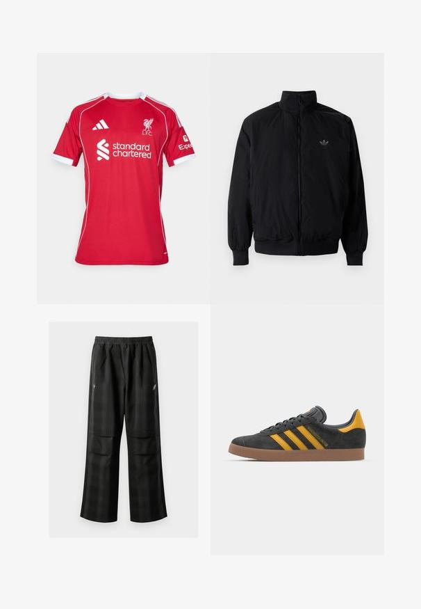 Giacca nera con zip e colletto alto, realizzata in materiale leggero. Presenta polsini e vita elastici, con un piccolo logo in alto a sinistra.; Maglietta da calcio rossa a maniche corte, realizzata in poliestere, con dettagli bianchi, colletto tondo e loghi di L.F.C. e Standard Chartered.; Pantaloni a quadri neri con vita elasticizzata, due tasche frontali e una vestibilità ampia con design a gamba dritta. Realizzati in materiale leggero.; Sneaker in suede nero con dettagli gialli, dotato di tre strisce e una suola in gomma marrone. Include una linguetta imbottita per il comfort.