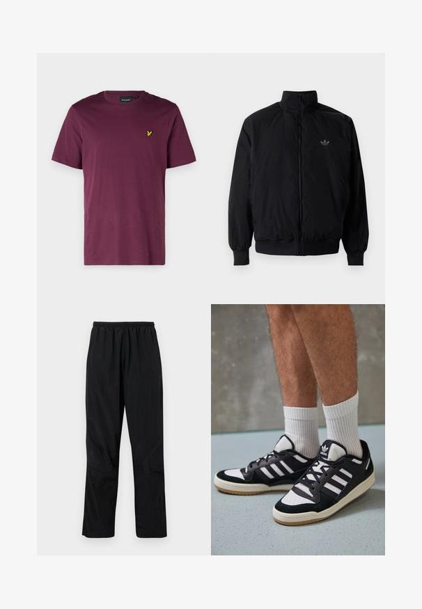 Czarna kurtka zapinana na zamek z wysokim kołnierzem, wykonana z lekkiego materiału. Posiada elastyczne mankiety i pas, oraz małe logo na górnej lewej stronie.; Bordowa bawełniana koszulka z okrągłym dekoltem, krótkimi rękawami i małym żółtym logo orła na lewej piersi. Gładka tekstura, standardowy krój.; Czarne spodnie z nylonu z elastycznym pasem, charakteryzujące się lekkim, teksturowanym wykończeniem oraz akcentami szwów dla nowoczesnego designu.; Czarno-białe sneakersy z zamszową i skórzaną cholewką, z trzema białymi paskami, perforowanym czubkiem i gumową podeszwą w kolorze gumy.