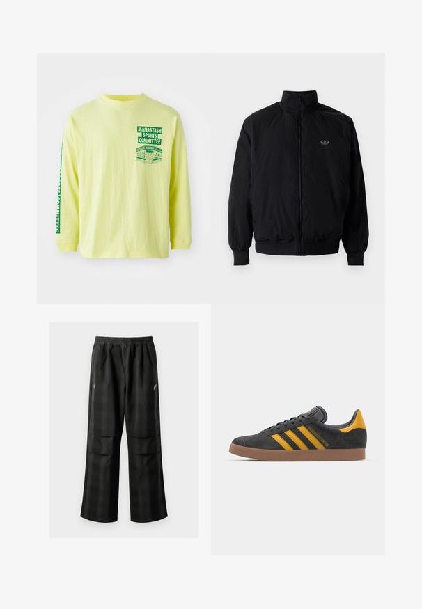 Veste noire à fermeture éclair avec col haut, fabriquée en matériau léger. Dotée de poignets et d'une taille élastiques, avec un petit logo en haut à gauche.; Chemise jaune à manches longues en coton. Présente un texte imprimé vert, "MANASTASH SPORTS COMMITTEE", ainsi qu'un graphisme sur le devant et la manche.; Pantalons à carreaux noirs avec une taille élastique, deux poches avant et une coupe ample avec une conception à jambe droite. Fabriqués en matériau léger.; Baskets en suede noir avec des accents jaunes, présentant trois rayures et une semelle en caoutchouc marron. Comprend une languette rembourrée pour le confort.