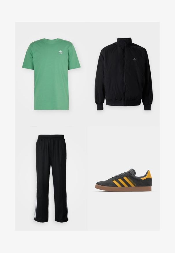 Černá zipová bunda s vysokým límcem, vyrobená z lehkého materiálu. Má elastické manžety a pas, s malým logem na horní levé straně.; adidas Originals TREFOIL ESSENTIALS - Triko s potiskem - preloved green; Černé sportovní kalhoty s elastickým pasem, s bílými bočními pruhy a malým logem. Materiál vypadá měkce a lehce.; Černé semišové tenisky se žlutými akcenty, vybavené třemi pruhy a hnědou gumovou podrážkou. Obsahují polstrovaný jazyk pro pohodlí.