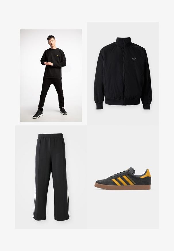 Čierna zips kombinéza s vysokým golierom, vyrobená z ľahkého materiálu. Obsahuje elastické manžety a pás, s malým logom na hornej ľavej strane.; Čierne tričko s dlhým rukávom so malým žltým logom, spárované s čiernymi džínsy a čiernymi teniskami, zvýraznené bielymi podrážkami.; Čierne teplákové nohavice s elastickým pásom, s bielymi bočnými pruhmi a voľným strihom. Vyrobené z mäkkej, elastickej tkaniny.; Čierne semišové tenisky so žltými akcentmi, ktoré majú tri pruhy a hnedú gumovú podrážku. Obsahujú vypolstrovaný jazyk pre pohodlie.
