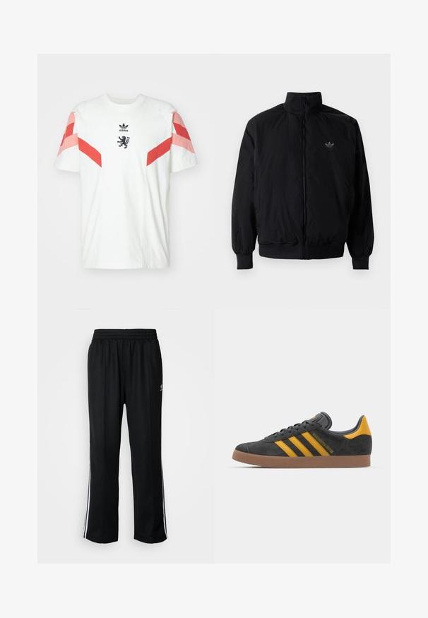 Black zipped jacket with high collar, made of lightweight material. Features elastic cuffs and waistband, with a small logo on the upper left.; adidas Originals OLYMPIQUE LYON OG TEE - Club wear - ivory; Black athletic pants with an elastic waistband, featuring white side stripes and a small logo. Material appears soft and lightweight.; Black suede sneaker with yellow accents, featuring three stripes and a brown rubber sole. Includes a padded tongue for comfort.