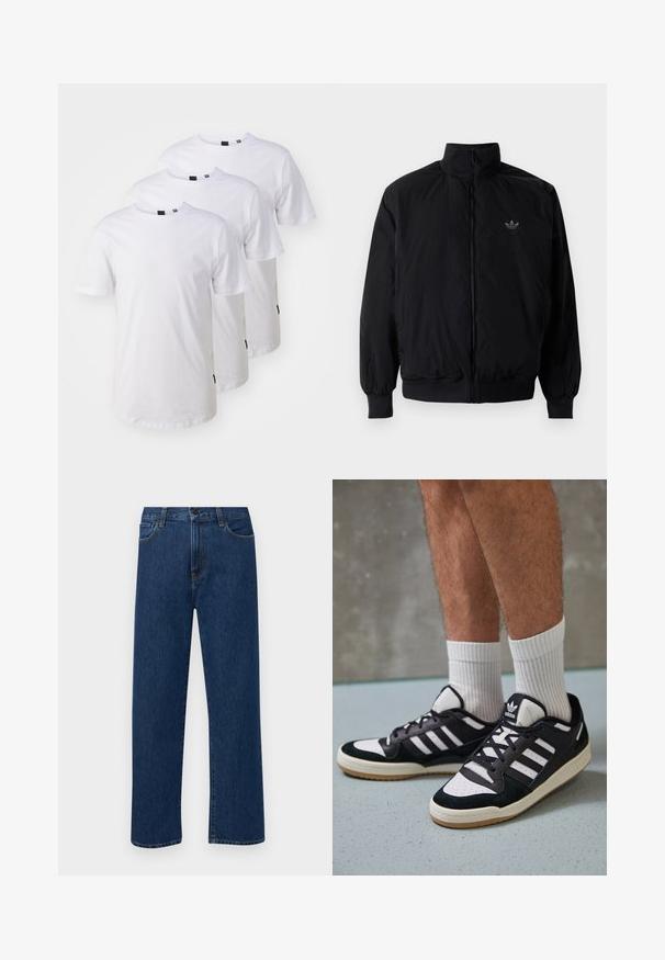 Sort lynlåsjakke med høj krave, fremstillet af letvægtsmateriale. Har elastiske manchetter og talje, med et lille logo på øverste venstre side.; Tre ensfarvede hvide t-shirts af bomuld med korte ærmer og rund hals. Etiketter er synlige ved kanten.; Mørkeblå straight-leg denim jeans med forhåndslommer og knaplukning, vist på en ensfarvet hvid baggrund.; Sorte og hvide sneakers med en overdel i ruskind og læder, der har tre hvide striber, en perforeret tå og en sål i gummigummi.