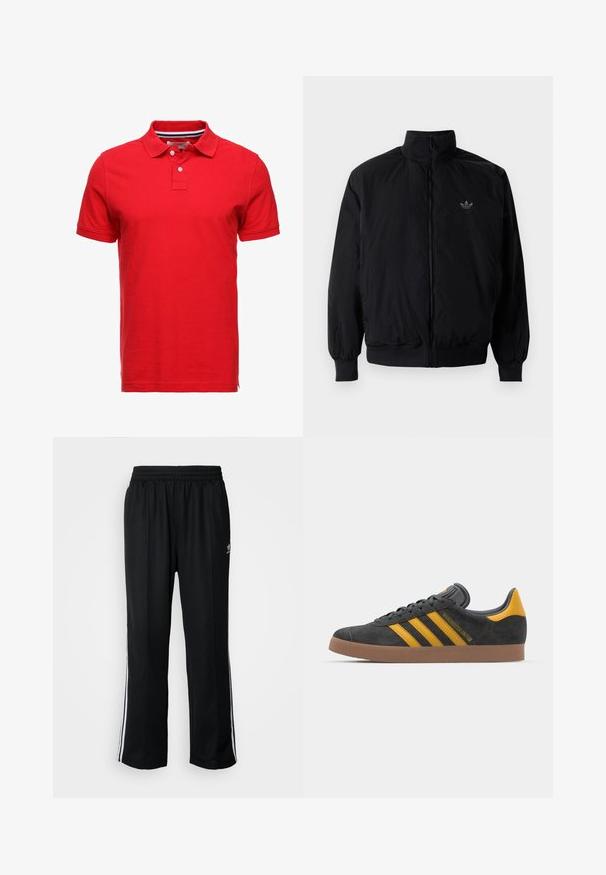 Black zipped jacket with high collar, made of lightweight material. Features elastic cuffs and waistband, with a small logo on the upper left.; Red cotton polo shirt with a collar, featuring two buttons and a striped inner neckline. Short sleeves and a standard fit design.; Black athletic pants with an elastic waistband, featuring white side stripes and a small logo. Material appears soft and lightweight.; Black suede sneaker with yellow accents, featuring three stripes and a brown rubber sole. Includes a padded tongue for comfort.