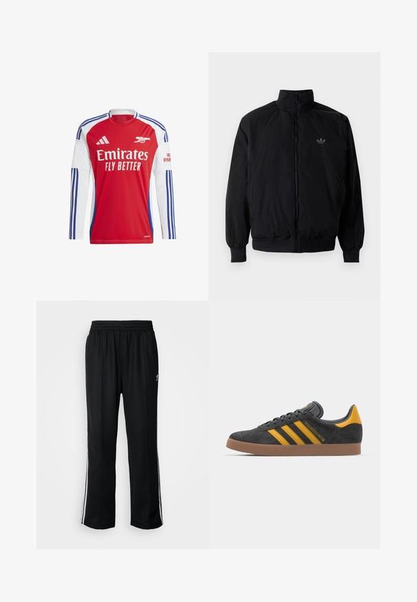 Veste noire à fermeture éclair avec col haut, fabriquée en matériau léger. Dotée de poignets et d'une taille élastiques, avec un petit logo en haut à gauche.; adidas Performance ADIDAS PERFORMANCE ARSENAL 24/25 LONG SLEEVE HOME JERSEY - Maillot de foot - better scarlet white; Pantalons de sport noirs avec une taille élastique, ornés de rayures blanches sur les côtés et d'un petit logo. Le matériau semble doux et léger.; Baskets en suede noir avec des accents jaunes, présentant trois rayures et une semelle en caoutchouc marron. Comprend une languette rembourrée pour le confort.