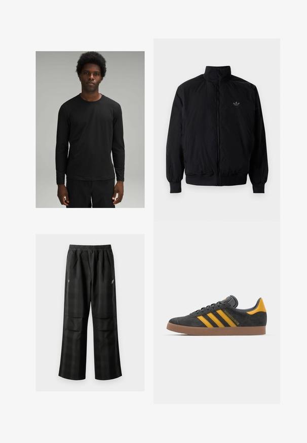 Zwarte geluiting jack met hoge kraag, gemaakt van lichtgewicht materiaal. Voorzien van elastische manchetten en tailleband, met een klein logo op de linkerbovenkant.; Zwarte lange mouwen shirt met een ronde halslijn, gemaakt van gladde stof, met een relaxed fit en minimale naaddetails.; Zwarte geruite broek met een elastische tailleband, twee voorzakken en een losse pasvorm met een rechte pijpdesign. Gemaakt van lichtgewicht materiaal.; Zwarte suède sneakers met gele accenten, voorzien van drie strepen en een bruine rubberen zool. Inclusief een gevoerde tong voor comfort.