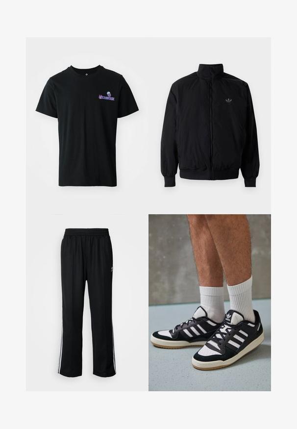 Chaqueta negra con cremallera y cuello alto, hecha de material ligero. Cuenta con puños y cinturilla elásticos, y un pequeño logo en la parte superior izquierda.; Camiseta de algodón negra de manga corta, con un logo morado de "Converse" y un gráfico de medusa en el área del pecho izquierdo.; Pantalones deportivos negros con cintura elástica, que presentan rayas laterales blancas y un pequeño logotipo. El material parece suave y ligero.; Zapatillas en blanco y negro con parte superior de ante y cuero, que presentan tres franjas blancas, una puntera perforada y una suela de goma.