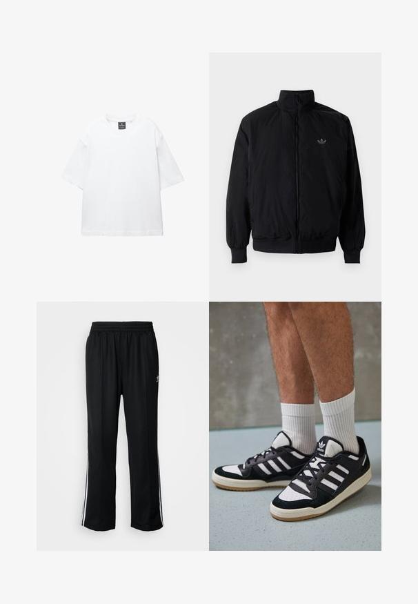 Sort lynlåsjakke med høj krave, fremstillet af letvægtsmateriale. Har elastiske manchetter og talje, med et lille logo på øverste venstre side.; Hvid kortærmet T-shirt lavet af bomuld, med rund halsudskæring og løs pasform med lige kant. Ingen mønstre eller udsmykninger.; Sorte træningsbukser med elastisk talje, der har hvide sidestænger og et lille logo. Materialet ser blødt og let ud.; Sorte og hvide sneakers med en overdel i ruskind og læder, der har tre hvide striber, en perforeret tå og en sål i gummigummi.