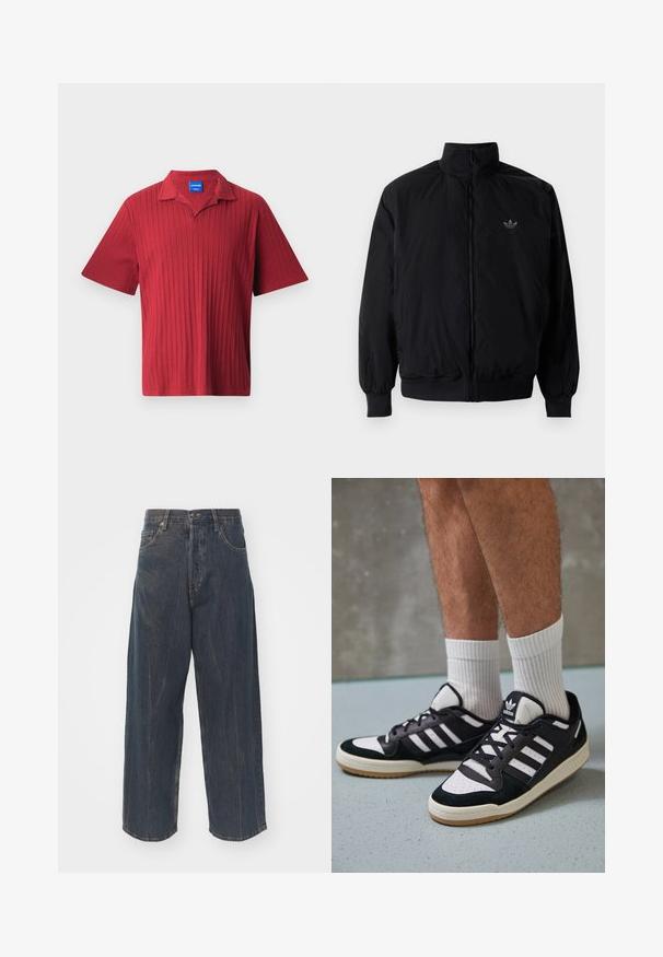 Schwarze Jacke mit Reißverschluss und hohem Kragen, aus leichtem Material gefertigt. Verfügt über elastische Bündchen und einen elastischen Saum, mit einem kleinen Logo oben links.; Rotes Poloshirt mit kurzen Ärmeln, vertikal geripptem Muster, einem geschlitzten Kragen und einem Etikett im Innenhals.; Weite dunkelblaue Jeans aus Denim mit subtilem Distressed-Effekt, fünf Taschen und einem klassischen Knopf- und Reißverschlussverschluss an der Taille.; Schwarz-weiße Sneaker mit einem Obermaterial aus Wildleder und Leder, ausgestattet mit drei weißen Streifen, einer perforierten Zehenpartie und einer Sohle aus Gummi.