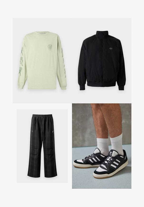 Crna jakna na zip s visokim ovratnikom, izrađena od laganog materijala. Ima elastične manžete i pojas, s malim logotipom na gornjem lijevom dijelu.; Majica dugih rukava svijetlozelene boje od pamuka s malim logotipom na prsima i apstraktnim uzorcima duž rukava u tamnozelenoj boji.; Crne karirane hlače s elastičnom urezom, dva prednja džepa i ležernim krojem s ravnim nogavicama. Izrađene su od laganog materijala.; Crne i bijele tenisice s gornjim dijelom od antilopa i kože, s tri bijele pruge, perforiranim prstom i gumiranim potplatom.