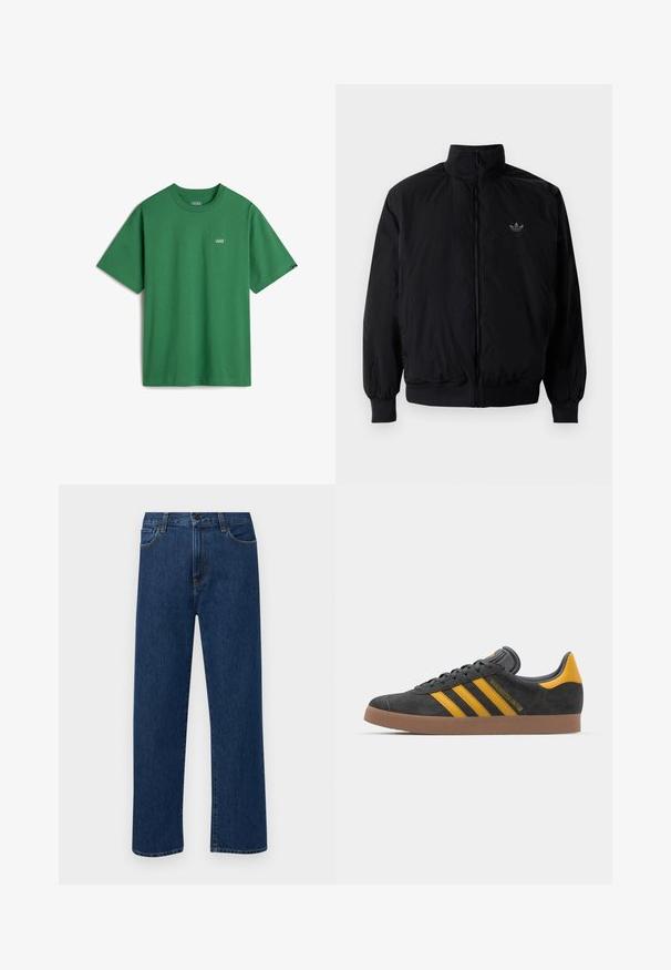 Black zipped jacket with high collar, made of lightweight material. Features elastic cuffs and waistband, with a small logo on the upper left.; Green cotton t-shirt with short sleeves, a crew neck, and a small white Vans logo on the chest. Smooth texture, relaxed fit.; Dark blue straight-leg denim jeans with front pockets and a button closure, displayed on a plain white background.; Black suede sneaker with yellow accents, featuring three stripes and a brown rubber sole. Includes a padded tongue for comfort.
