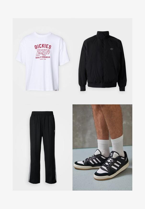 Chaqueta negra con cremallera y cuello alto, hecha de material ligero. Cuenta con puños y cinturilla elásticos, y un pequeño logo en la parte superior izquierda.; Camiseta de algodón blanca con un estampado gráfico rojo que presenta el texto "DICKIES" y "QUALITY WORKWEAR", enfatizando un diseño casual y un ajuste oversize.; Pantalones deportivos negros con cintura elástica, que presentan rayas laterales blancas y un pequeño logotipo. El material parece suave y ligero.; Zapatillas en blanco y negro con parte superior de ante y cuero, que presentan tres franjas blancas, una puntera perforada y una suela de goma.