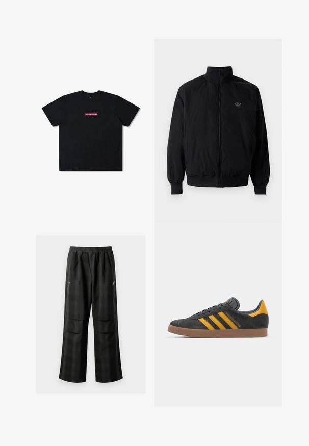 Svart zipjacka med hög krage, tillverkad av lätt material. Har elastiska cuffar och midja, med en liten logo på övre vänster.; Svart bomull t-shirt med korta ärmar, rund hals och en rektangulär rosa "FORMER" logotyp på framsidan.; Svarta rutiga byxor med elastisk midja, två framfickor och en lös passform med rak bendesign. Tillverkade av lätt material.; Svart mockaskor med gula accenter, med tre ränder och en brun gummisula. Inkluderar en vadderad tunga för extra komfort.