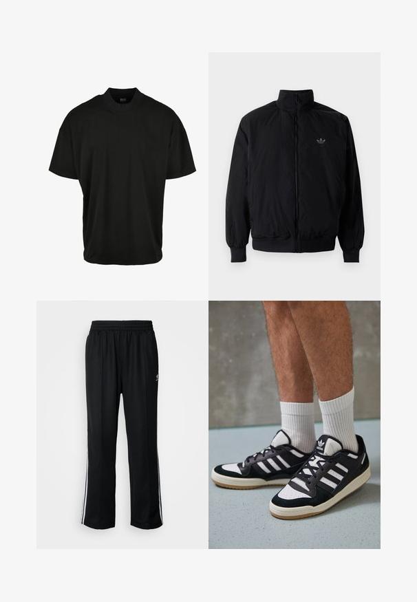 Black zipped jacket with high collar, made of lightweight material. Features elastic cuffs and waistband, with a small logo on the upper left.; Black short-sleeve T-shirt with a crew neck design, made from soft fabric, featuring a relaxed fit and no visible patterns or accents.; Black athletic pants with an elastic waistband, featuring white side stripes and a small logo. Material appears soft and lightweight.; Black and white sneakers with a suede and leather upper, featuring three white stripes, a perforated toe, and a gum rubber sole.