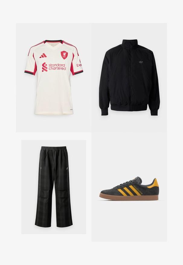 Černá zipová bunda s vysokým límcem, vyrobená z lehkého materiálu. Má elastické manžety a pas, s malým logem na horní levé straně.; Bílý krátký rukáv fotbalového dresu s červenými akcenty, s véčkovým výstřihem, červenými pruhy na rukávech a logem "standard chartered". Na hrudi je znak L.F.C.; Černé kostkované kalhoty s elastickým pasem, dvěma předními kapsami a volným střihem se rovnými nohavicemi. Vyrobeny z lehkého materiálu.; Černé semišové tenisky se žlutými akcenty, vybavené třemi pruhy a hnědou gumovou podrážkou. Obsahují polstrovaný jazyk pro pohodlí.