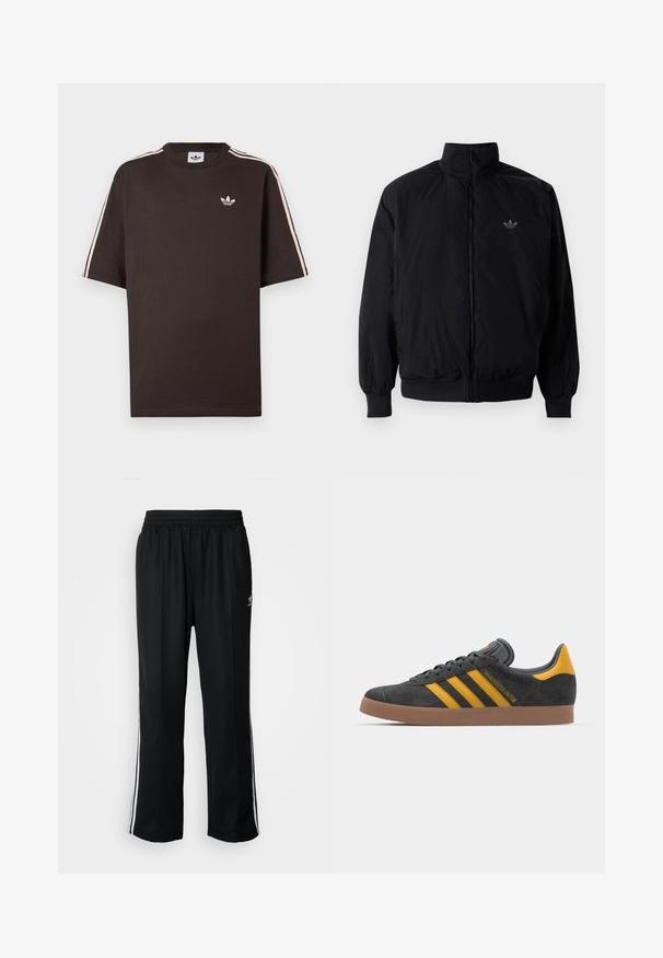 Black zipped jacket with high collar, made of lightweight material. Features elastic cuffs and waistband, with a small logo on the upper left.; Brown cotton t-shirt with short sleeves, featuring white stripes on the shoulders and a small white logo on the chest.; Black athletic pants with an elastic waistband, featuring white side stripes and a small logo. Material appears soft and lightweight.; Black suede sneaker with yellow accents, featuring three stripes and a brown rubber sole. Includes a padded tongue for comfort.