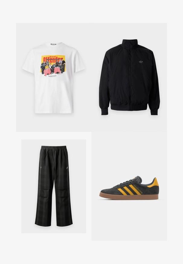 Zwarte geluiting jack met hoge kraag, gemaakt van lichtgewicht materiaal. Voorzien van elastische manchetten en tailleband, met een klein logo op de linkerbovenkant.; Witte katoenen T-shirt met een kleurrafische afbeelding van een groep aan een tafel, met rood-gekartelde tafelkleden en de tekst "WEEKEND OFFENDER."; Zwarte geruite broek met een elastische tailleband, twee voorzakken en een losse pasvorm met een rechte pijpdesign. Gemaakt van lichtgewicht materiaal.; Zwarte suède sneakers met gele accenten, voorzien van drie strepen en een bruine rubberen zool. Inclusief een gevoerde tong voor comfort.