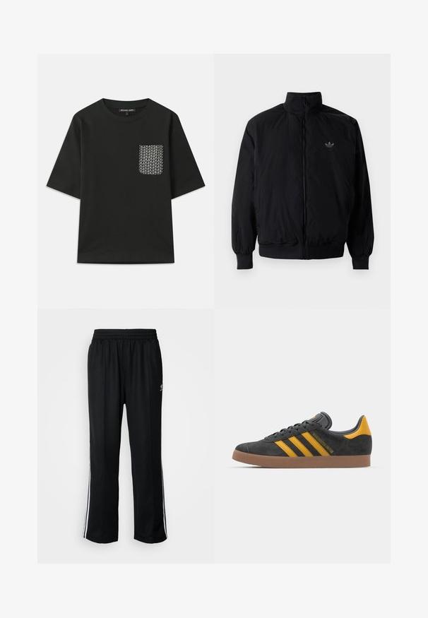 Black zipped jacket with high collar, made of lightweight material. Features elastic cuffs and waistband, with a small logo on the upper left.; Black cotton t-shirt with a round neckline and short sleeves. Features a patterned pocket on the left side with white geometric designs.; Black athletic pants with an elastic waistband, featuring white side stripes and a small logo. Material appears soft and lightweight.; Black suede sneaker with yellow accents, featuring three stripes and a brown rubber sole. Includes a padded tongue for comfort.