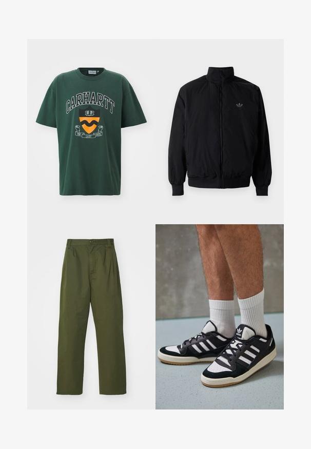 Black zipped jacket with high collar, made of lightweight material. Features elastic cuffs and waistband, with a small logo on the upper left.; Dark green cotton t-shirt featuring a bold white "CARHARTT" logo, a shield graphic in orange and black, and short sleeves.; Olive green, high-waisted pants with a straight leg design. Made of a lightweight fabric, featuring front pleats and a button closure.; Black and white sneakers with a suede and leather upper, featuring three white stripes, a perforated toe, and a gum rubber sole.