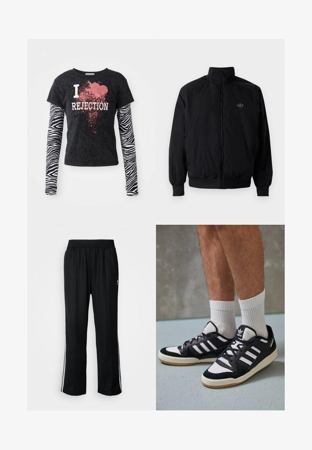 Schwarze Jacke mit Reißverschluss und hohem Kragen, aus leichtem Material gefertigt. Verfügt über elastische Bündchen und einen elastischen Saum, mit einem kleinen Logo oben links.; Schwarzes kurzärmliges T-Shirt mit weißem Schriftzug "I love REJECTION" und rotem Spritzdesign, kombiniert mit langen, zebragestreiften Ärmeln.; Schwarze Sporthosen mit elastischem Bund, ausgestattet mit weißen Seitenstreifen und einem kleinen Logo. Das Material wirkt weich und leicht.; Schwarz-weiße Sneaker mit einem Obermaterial aus Wildleder und Leder, ausgestattet mit drei weißen Streifen, einer perforierten Zehenpartie und einer Sohle aus Gummi.