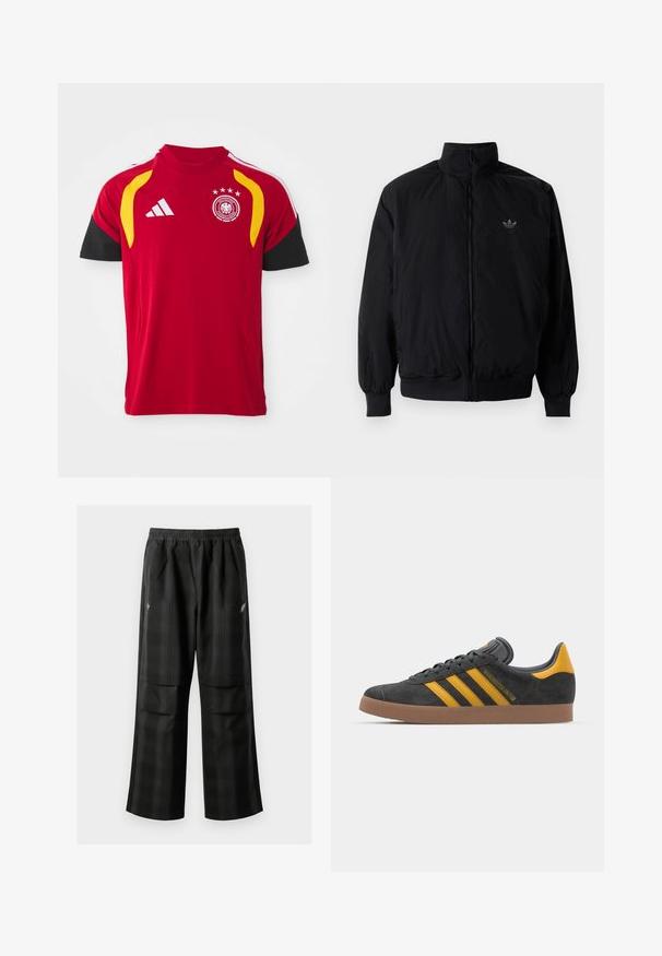 Black zipped jacket with high collar, made of lightweight material. Features elastic cuffs and waistband, with a small logo on the upper left.; Red German national soccer jersey with black sleeves, yellow shoulder accents, Adidas logo, and team crest with four stars on chest.; Black plaid pants featuring an elastic waistband, two front pockets, and a loose fit with a straight leg design. Made from lightweight material.; Black suede sneaker with yellow accents, featuring three stripes and a brown rubber sole. Includes a padded tongue for comfort.