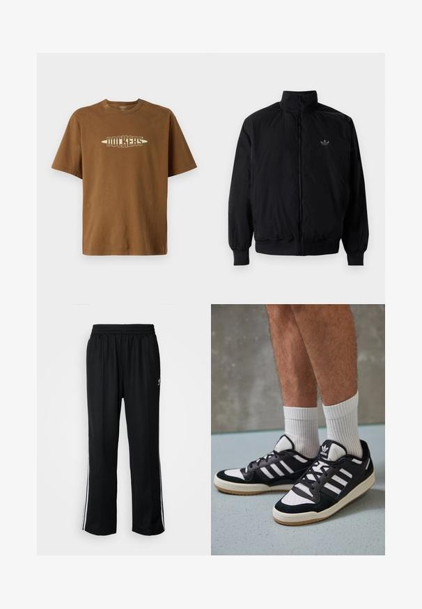 Crna jakna na zip s visokim ovratnikom, izrađena od laganog materijala. Ima elastične manžete i pojas, s malim logotipom na gornjem lijevom dijelu.; Smeđi pamučni majica kratkih rukava, s kremastim logotipom "DOCKERS" u podebljanom fontu centriranom na prsima.; Crne sportske hlače s elastičnom trakom oko struka, s bijelim bočnim prugama i malim logotipom. Materijal izgleda mekan i lagan.; Crne i bijele tenisice s gornjim dijelom od antilopa i kože, s tri bijele pruge, perforiranim prstom i gumiranim potplatom.