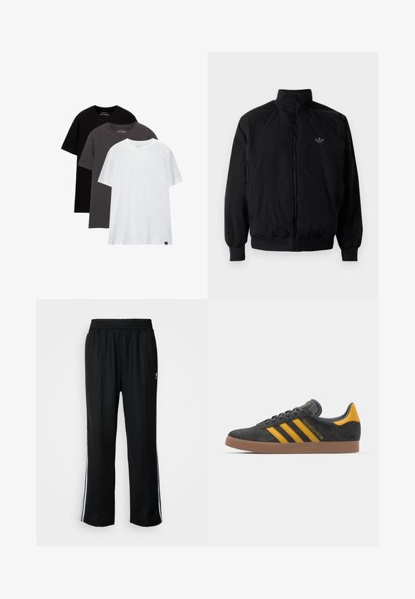 Sort lynlåsjakke med høj krave, fremstillet af letvægtsmateriale. Har elastiske manchetter og talje, med et lille logo på øverste venstre side.; Tre regular-fit t-shirts stablet. Farver: sort, mørkegrå og hvid. Fremstillet af bomuldsmateriale med korte ærmer og rund hals. Minimal branding.; Sorte træningsbukser med elastisk talje, der har hvide sidestænger og et lille logo. Materialet ser blødt og let ud.; Sort suedet sneaker med gule accenter, der har tre striber og en brun gummisål. Inkluderer en polstret tunge for komfort.