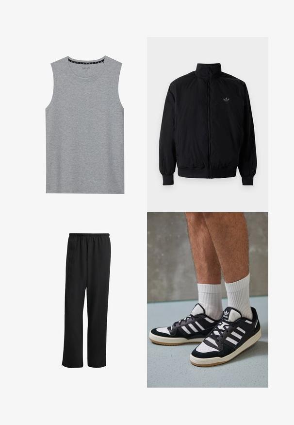 Black zipped jacket with high collar, made of lightweight material. Features elastic cuffs and waistband, with a small logo on the upper left.; Gray sleeveless shirt, made of soft fabric, featuring a round neckline and minimal design with stitching details on the shoulders.; Black athletic pants with an elastic waistband, straight-leg design, side pockets, and zippered cuffs, made from a smooth, lightweight fabric.; Black and white sneakers with a suede and leather upper, featuring three white stripes, a perforated toe, and a gum rubber sole.