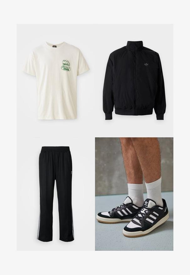 Chaqueta negra con cremallera y cuello alto, hecha de material ligero. Cuenta con puños y cinturilla elásticos, y un pequeño logo en la parte superior izquierda.; Camiseta de manga corta color crema hecha de algodón. Presenta un gráfico verde de "Brooklyn Fruits" con una cesta de productos y un pequeño diseño de camión.; Pantalones deportivos negros con cintura elástica, que presentan rayas laterales blancas y un pequeño logotipo. El material parece suave y ligero.; Zapatillas en blanco y negro con parte superior de ante y cuero, que presentan tres franjas blancas, una puntera perforada y una suela de goma.