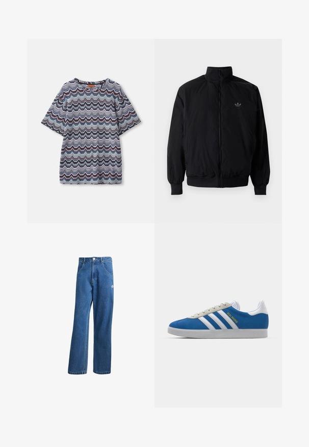 Černá zipová bunda s vysokým límcem, vyrobená z lehkého materiálu. Má elastické manžety a pas, s malým logem na horní levé straně.; Košile s krátkým rukávem s mnohobarevným zigzag vzorem v odstínech modré, černé, růžové a bílé, položená na bílém pozadí.; Modré vysoké široké džíny s vysokým pasem, předními kapsami, poutky na opasek, knoflíkovým zapínáním a malým logem Adidas na pravém stehně.; adidas Originals ADIDAS GAZELLE SHOES - Sálové kopačky - real madrid/bluebird/footwear white/crew yellow