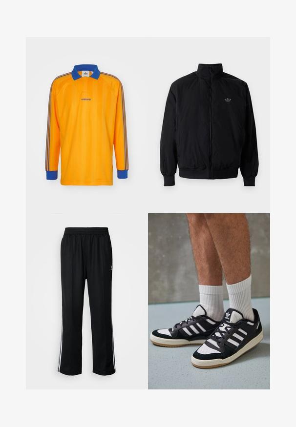 Svart zipjacka med hög krage, tillverkad av lätt material. Har elastiska cuffar och midja, med en liten logo på övre vänster.; adidas Originals LONG SLEEVE - Piké - crew yellow; Svarta träningsbyxor med elastisk midja, med vita sidostreck och en liten logotyp. Materialet verkar mjukt och lätt.; Svartvita sneakers med ovandel i mocka och läder, med tre vita ränder, perforerad tå och sula av gummigummi.