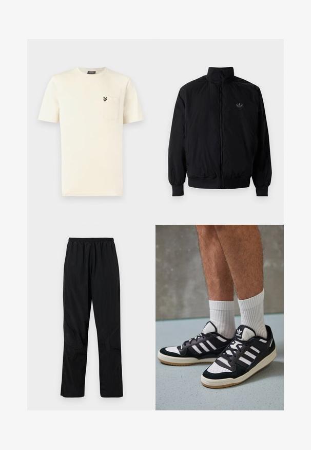Chaqueta negra con cremallera y cuello alto, hecha de material ligero. Cuenta con puños y cinturilla elásticos, y un pequeño logo en la parte superior izquierda.; Camiseta de algodón color crema con cuello redondo, mangas cortas y un bolsillo en el pecho izquierdo con un pequeño bordado de mariposa.; Pantalones de nylon negros con una cinturilla elástica, que presentan un acabado ligero y texturizado y acentos en las costuras para un diseño moderno.; Zapatillas en blanco y negro con parte superior de ante y cuero, que presentan tres franjas blancas, una puntera perforada y una suela de goma.