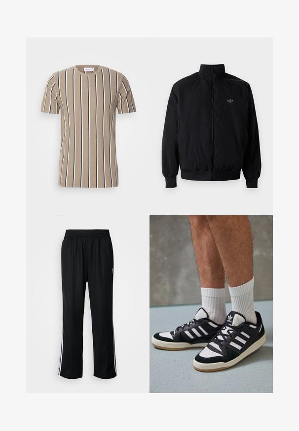 Svart zipjacka med hög krage, tillverkad av lätt material. Har elastiska cuffar och midja, med en liten logo på övre vänster.; Beige bomull t-shirt med horisontella ränder i mörkbrunt och vitt, rund hals och korta ärmar. Mjuk textur och avslappnad design.; Svarta träningsbyxor med elastisk midja, med vita sidostreck och en liten logotyp. Materialet verkar mjukt och lätt.; Svartvita sneakers med ovandel i mocka och läder, med tre vita ränder, perforerad tå och sula av gummigummi.