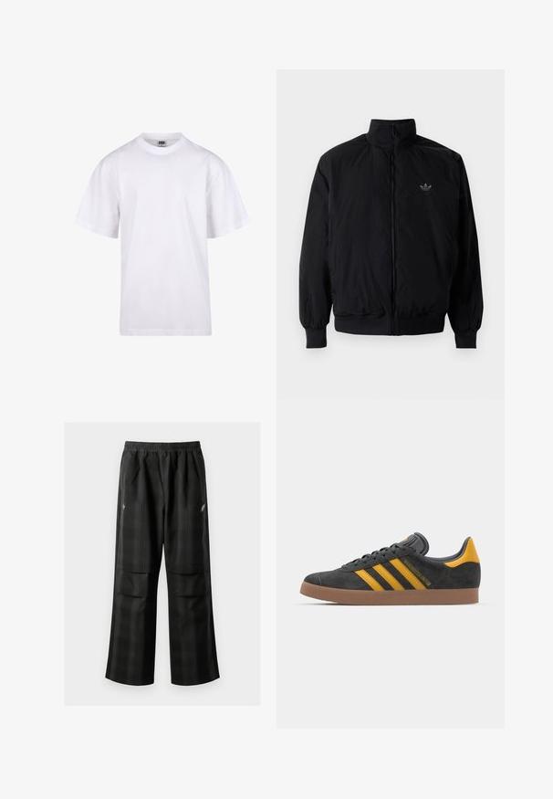 Svart zipjacka med hög krage, tillverkad av lätt material. Har elastiska cuffar och midja, med en liten logo på övre vänster.; Vit bomullströja med rund halsringning, korta ärmar och en avslappnad passform. Har en enkel design utan mönster eller accenter.; Svarta rutiga byxor med elastisk midja, två framfickor och en lös passform med rak bendesign. Tillverkade av lätt material.; Svart mockaskor med gula accenter, med tre ränder och en brun gummisula. Inkluderar en vadderad tunga för extra komfort.