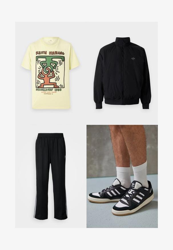 Svart zipjacka med hög krage, tillverkad av lätt material. Har elastiska cuffar och midja, med en liten logo på övre vänster.; Gul bomulls T-shirt med grafisk tryck av sammanflätade figurer i rött och grönt, med texten "Keith Haring DÜSSELDORF 1988" nedanför.; Svarta träningsbyxor med elastisk midja, med vita sidostreck och en liten logotyp. Materialet verkar mjukt och lätt.; Svartvita sneakers med ovandel i mocka och läder, med tre vita ränder, perforerad tå och sula av gummigummi.